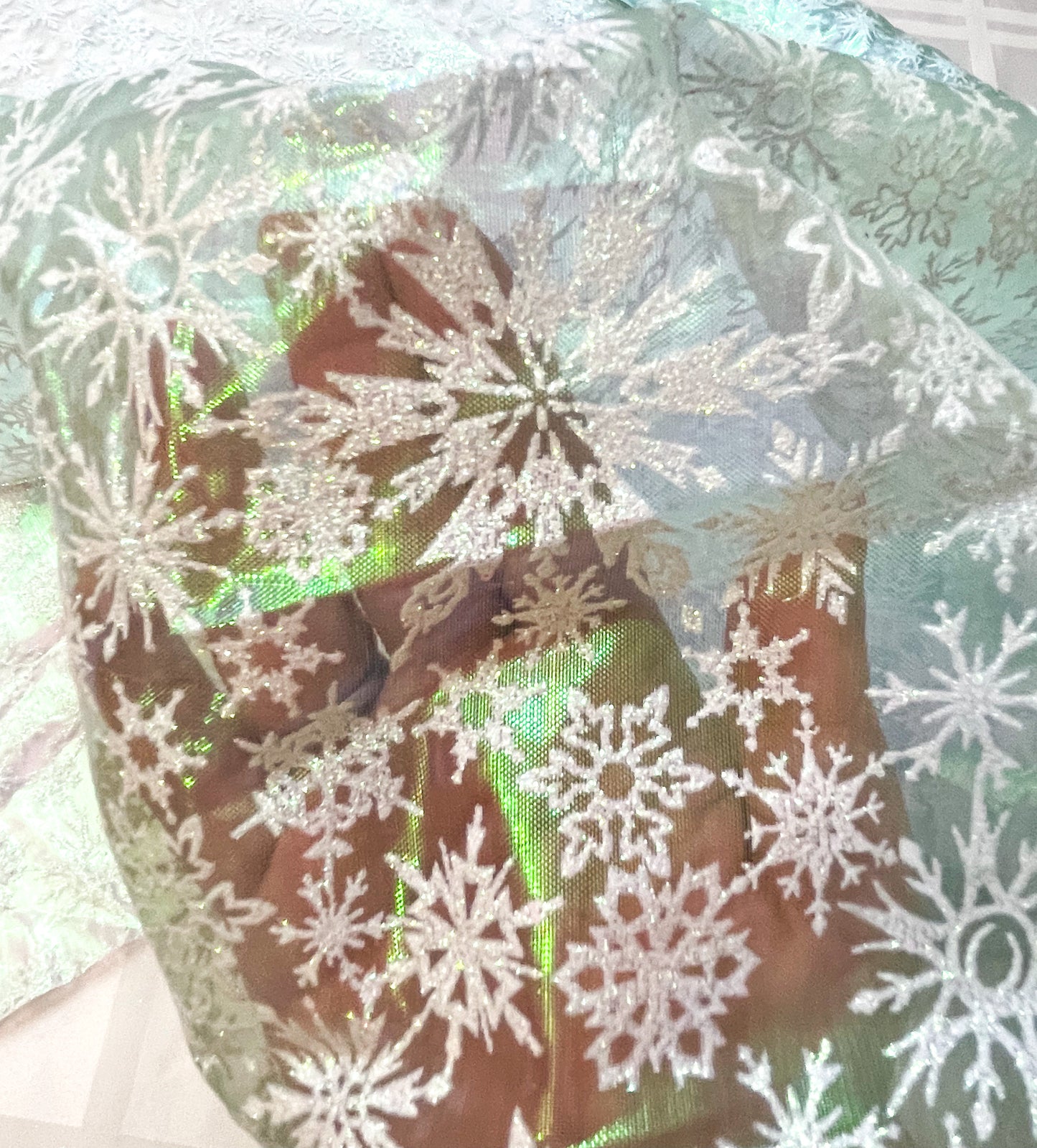 Clearance -clear shimmer with white glitter snowflakes-yardage