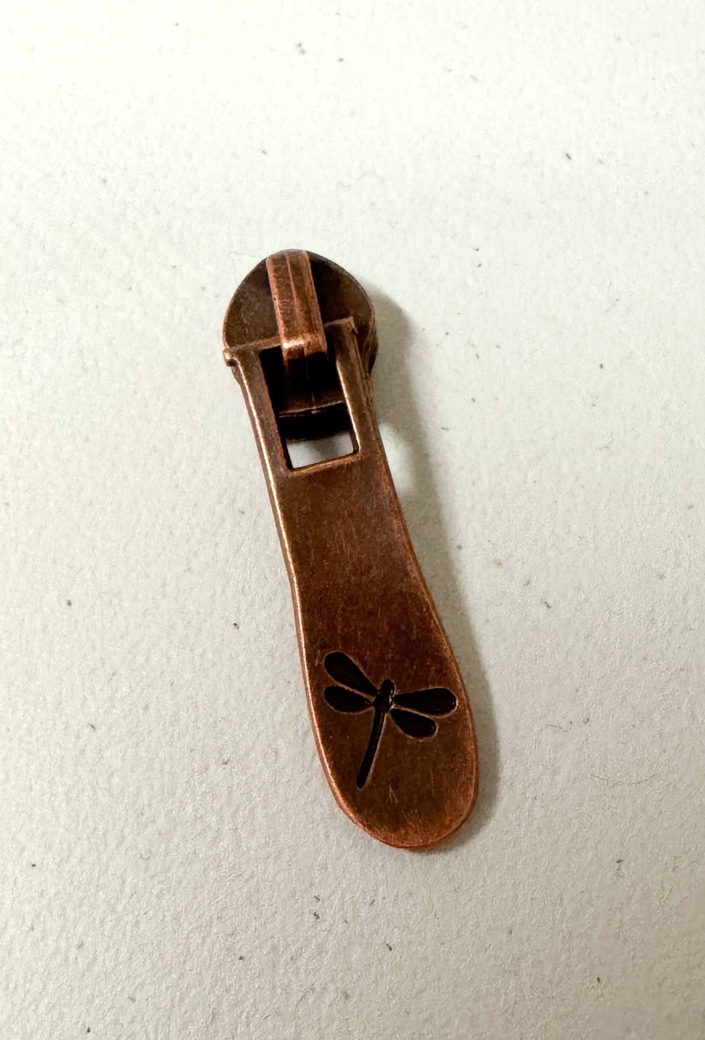 Dragonfly stamped #5 zipper pull antique copper