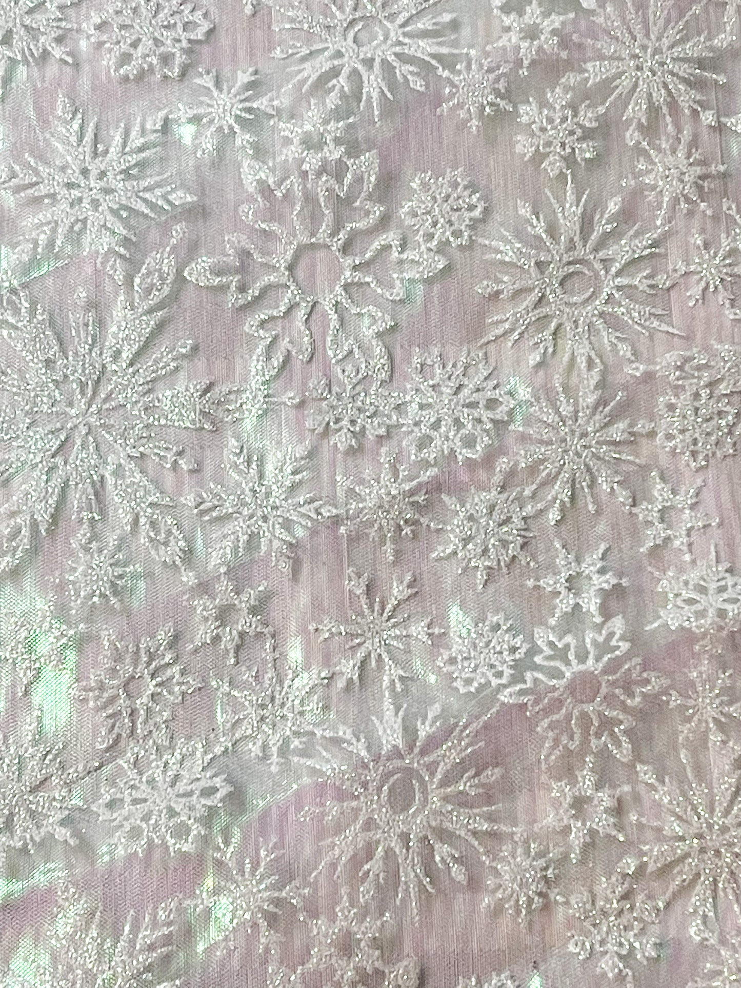 Clearance -clear shimmer with white glitter snowflakes-yardage