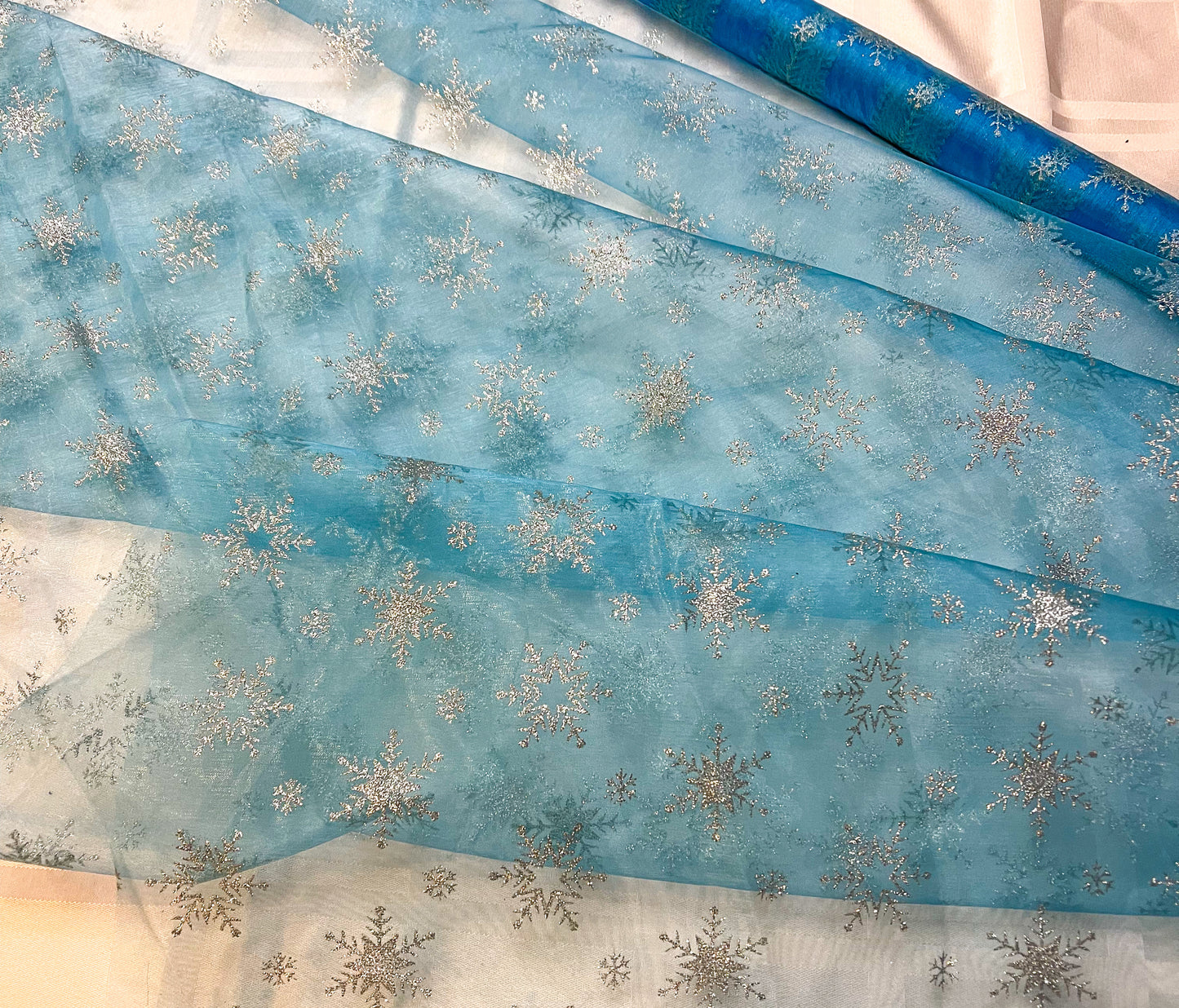 Clearance -blue with small silver glitter snowflakes-yardage