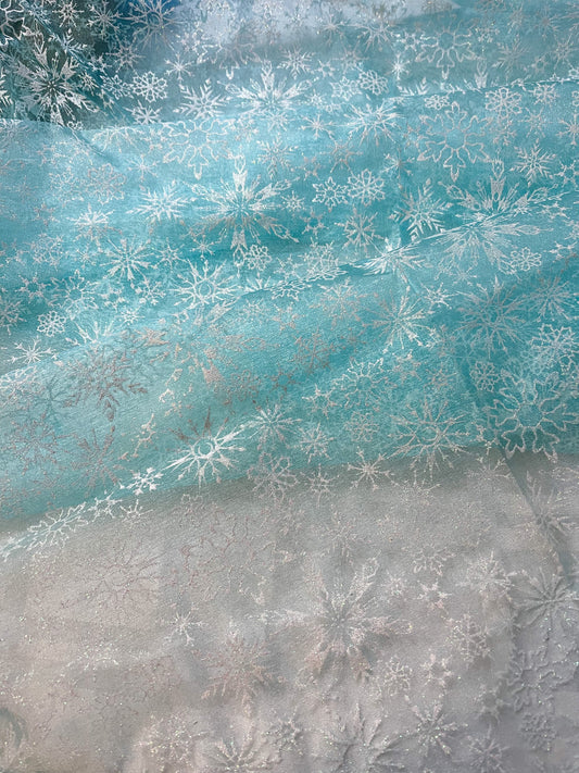 Clearance -pale blue shimmer with white glitter snowflakes flawed precut