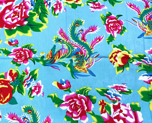 Phoenix with peonies on light blue