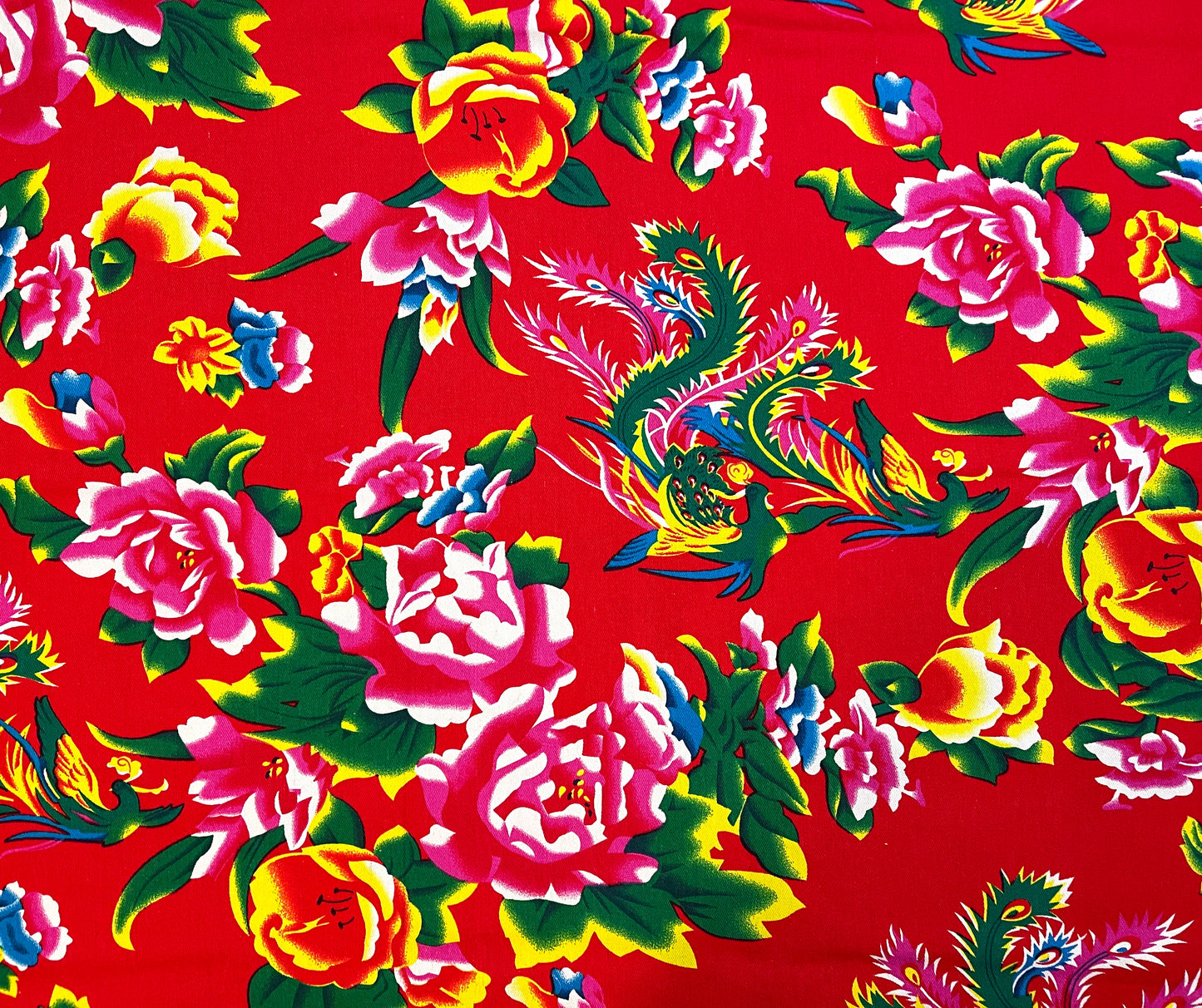 Phoenix with peonies on red