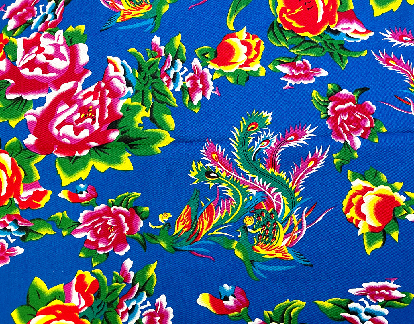 Phoenix with peonies on blue